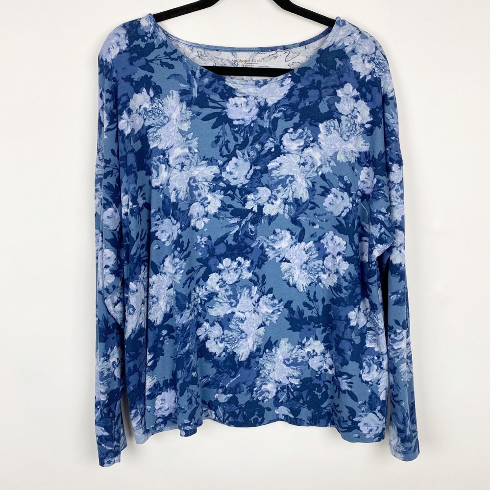Coldwater Creek Floral Print Long Sleeve Scoop Neck Top Women XL Blue